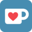 A white cup of coffee on a blue background. The cup has a red heart, and the overall shapes have thick black outlines.